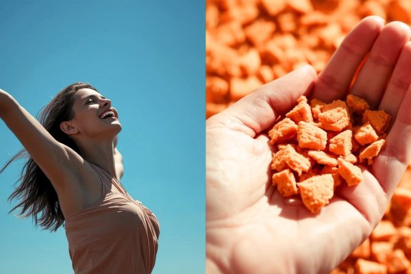 Девушка счастливая на фоне неба и рука с пищевыми добавками