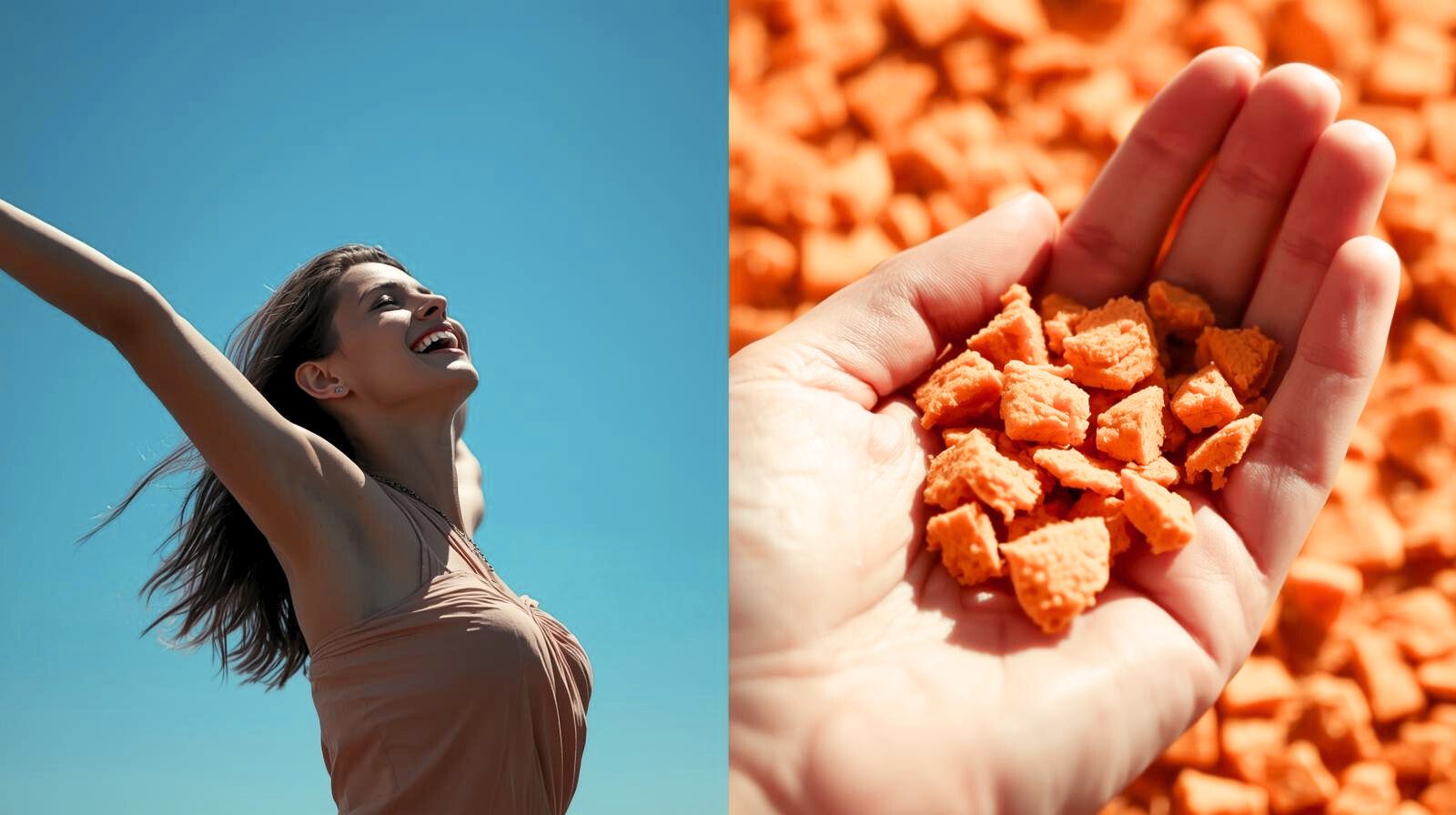 Девушка счастливая на фоне неба и рука с пищевыми добавками