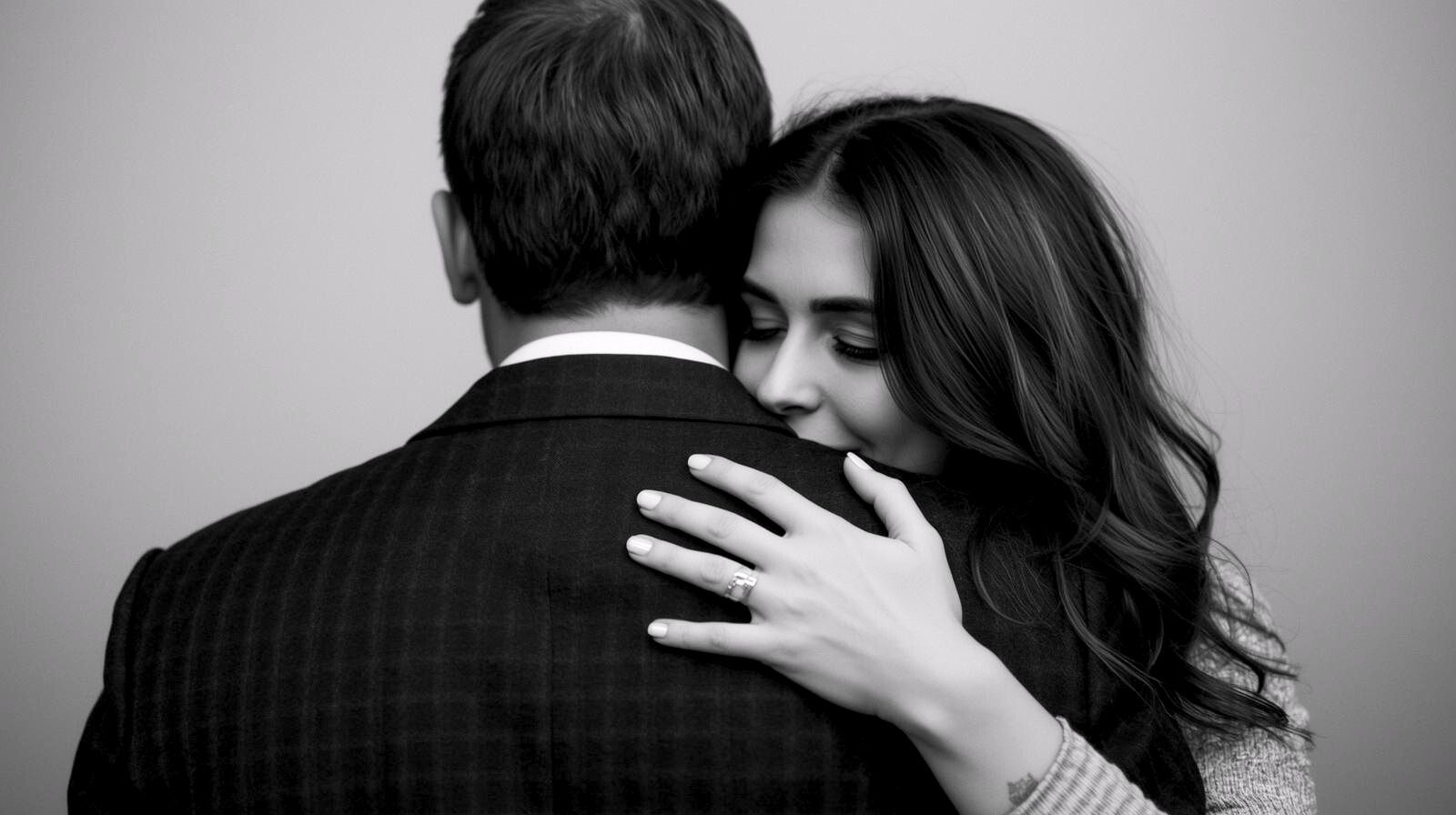 женщина обнимает мужчину и тепло улыбается