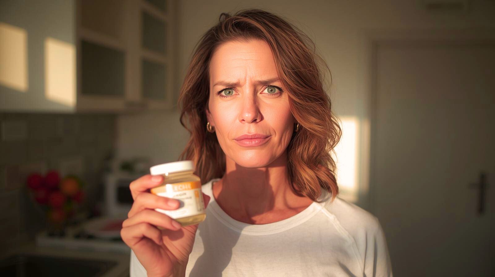 Женщина утром держит стакан с коллагеном, тёплый свет и спокойная атмосфера заботы о себеЖенщина утром держит стакан с коллагеном, тёплый свет и спокойная атмосфера заботы о себе