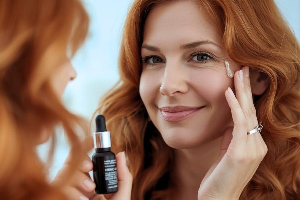 женщина 40+ наносит сыворотку на лицо