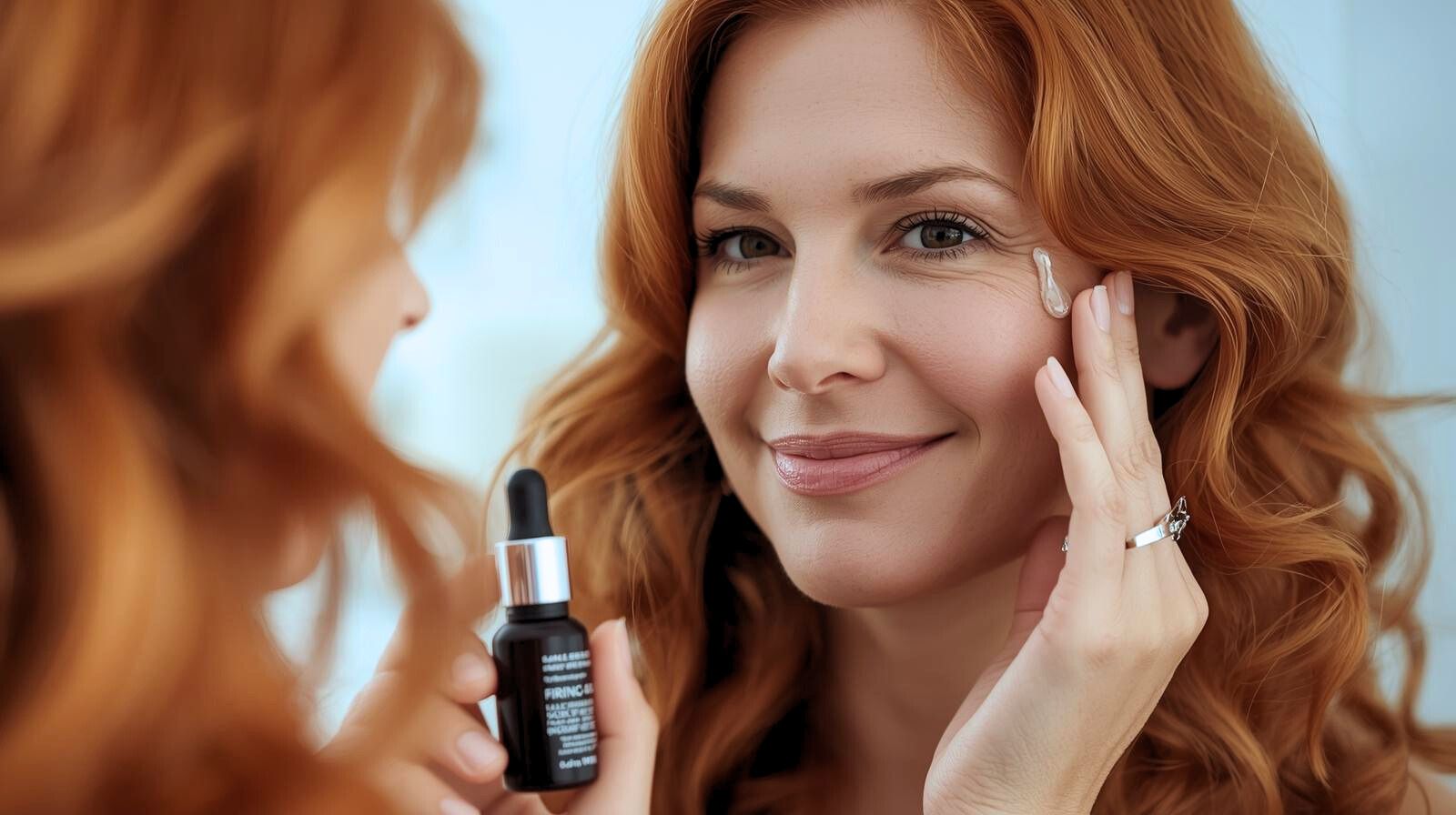 женщина 40+ наносит сыворотку на лицо