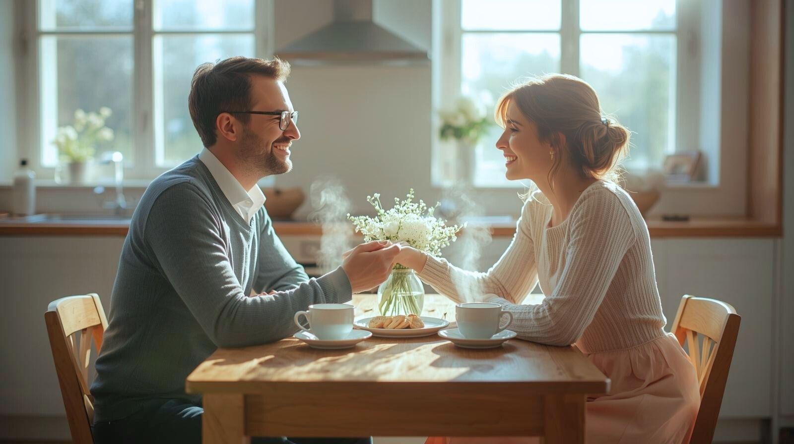 Пара обсуждает планы до свадьбы за кухонным столом