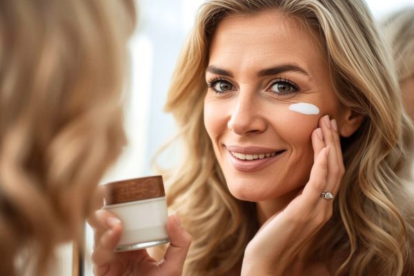 женщина 40+ наносит сыворотку на лицо