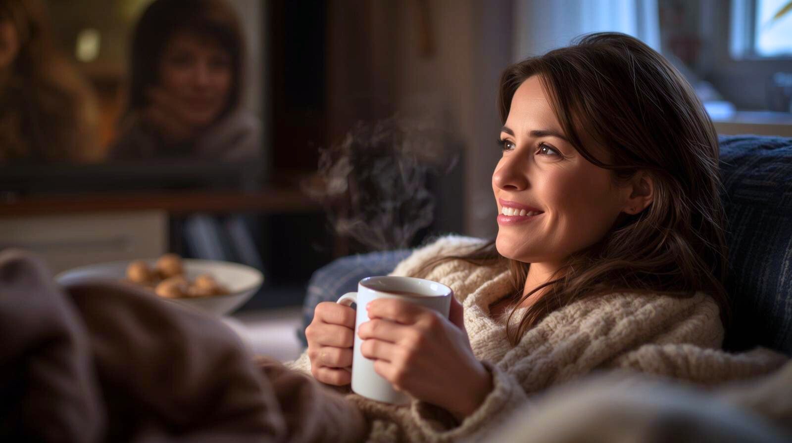 Женщина после 40 сидит вечером одна на диване с пледом и смотрит фильм на ноутбуке — подборка фильмов для одиноких женщин