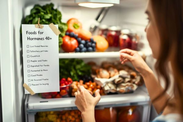 Чек-лист продуктов для нормализации гормонов у женщин после 40 на столе рядом с овощами, ягодами и полезными жирами