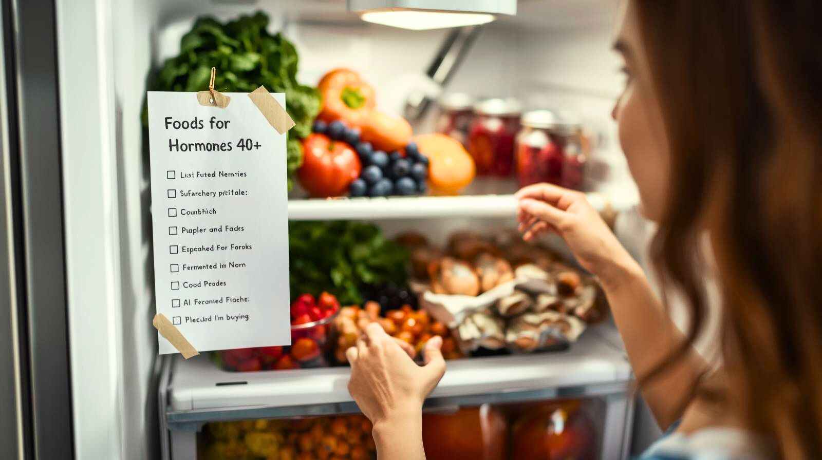 Чек-лист продуктов для нормализации гормонов у женщин после 40 на столе рядом с овощами, ягодами и полезными жирами