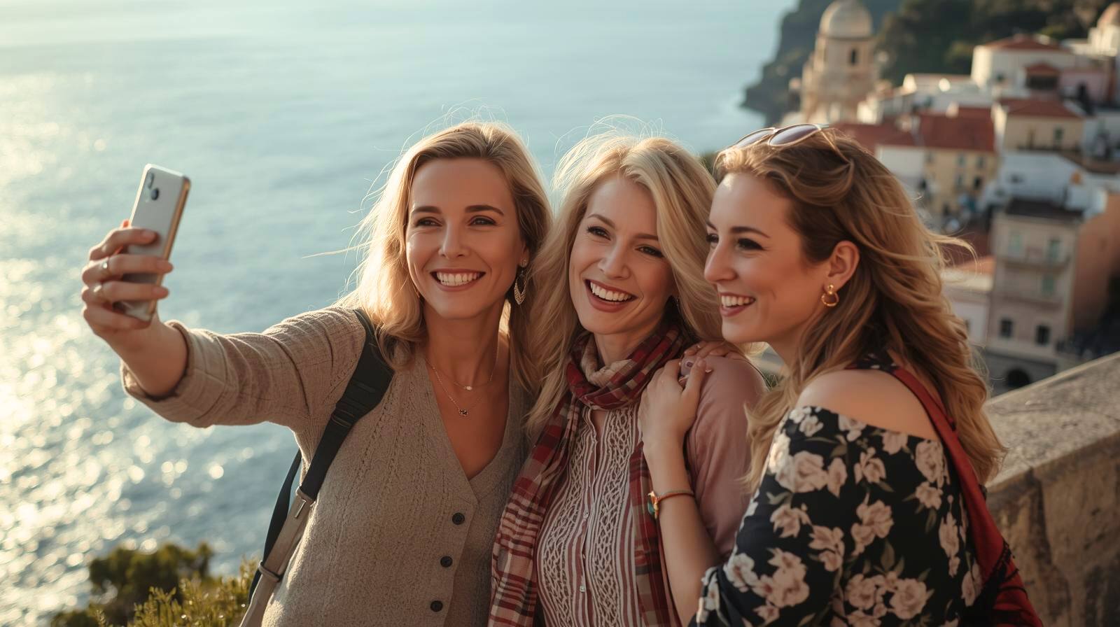 Группа женщин 35–55 лет на смотровой площадке обсуждает маршруты из русскоязычных тревел-блогов и улыбается на фоне моря