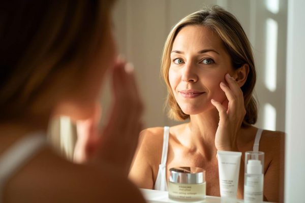 Кожа в перименопаузе: сухость и “поплыло лицо” после 40 — женщина у зеркала выбирает мягкий уход