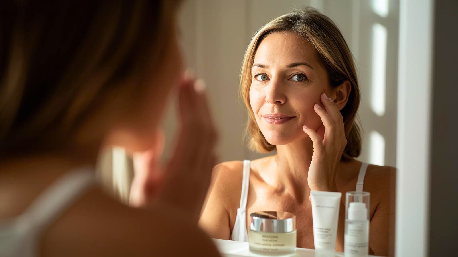 Кожа в перименопаузе: сухость и “поплыло лицо” после 40 — женщина у зеркала выбирает мягкий уход