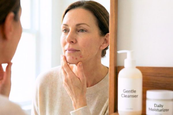 Акне после 40: женщина у зеркала отмечает высыпания на подбородке и собирает мягкий уход, чтобы не стало хуже
