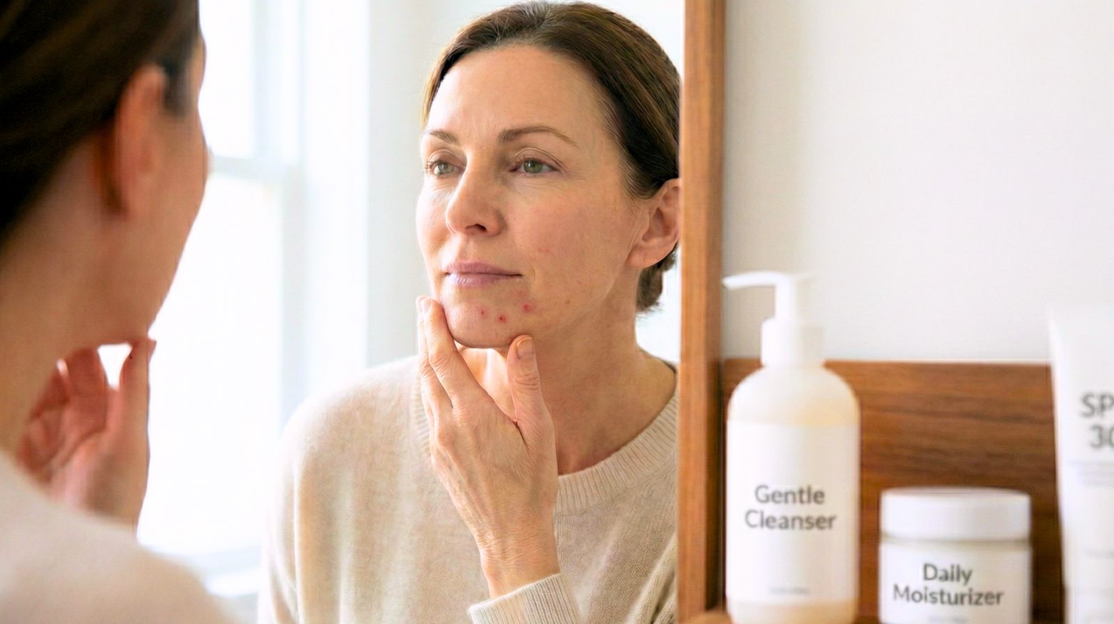 Акне после 40: женщина у зеркала отмечает высыпания на подбородке и собирает мягкий уход, чтобы не стало хуже