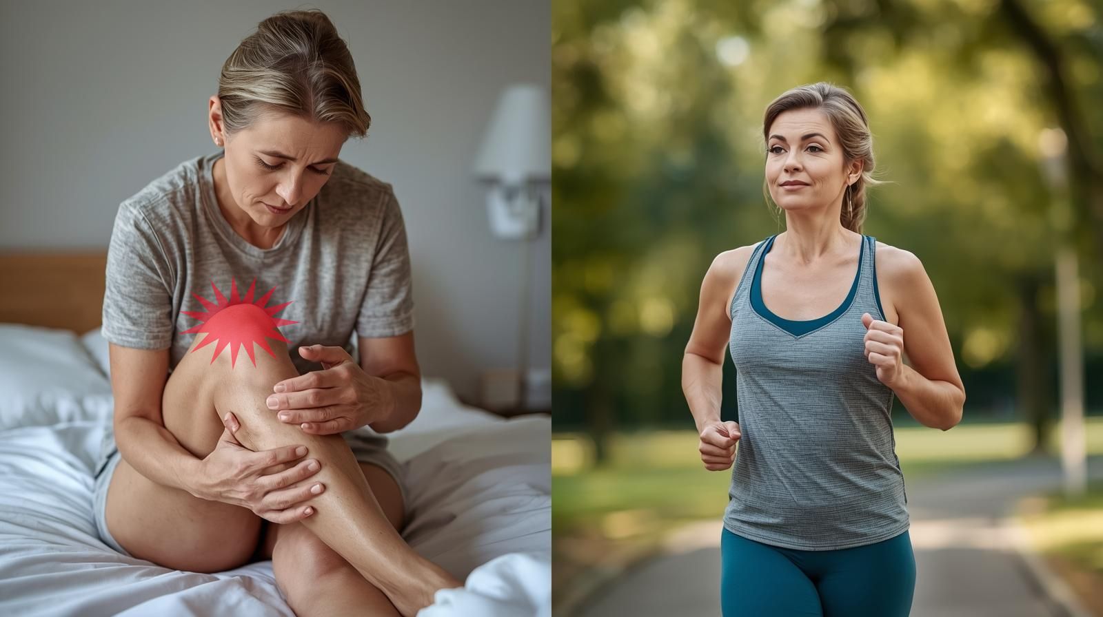 Женщина 40+ сначала стоит с болью в суставах утром, а затем выполняет простые упражнения, сравнивая перименопаузу и нехватку движения