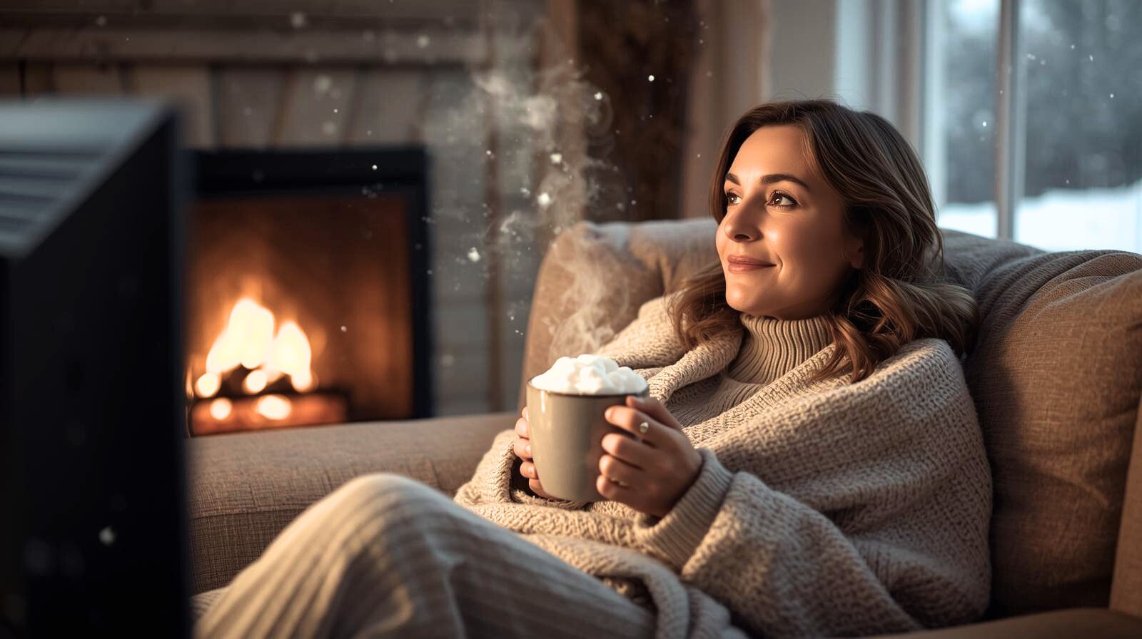 Женщина с чашкой какао с маршмеллоу у камина смотрит телевизор, за окном тихо падает снег