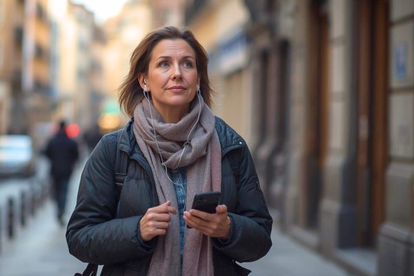 Женщина-эмигрантка 40+ идёт по улице новой страны с телефоном и наушниками, постепенно восстанавливаясь эмоционально без поддержки