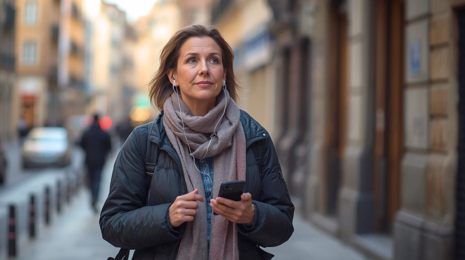 Женщина-эмигрантка 40+ идёт по улице новой страны с телефоном и наушниками, постепенно восстанавливаясь эмоционально без поддержки