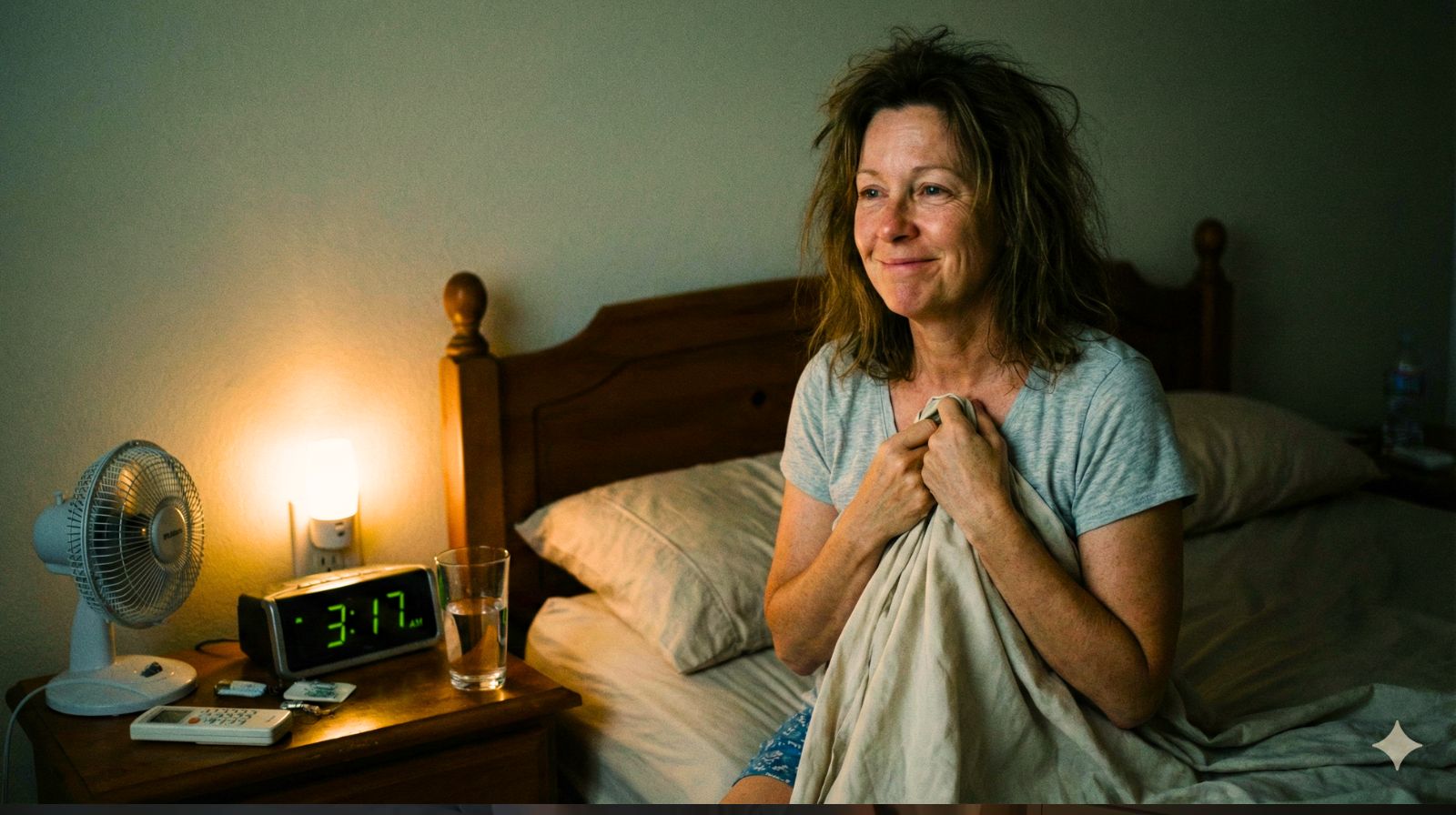 Ночные приливы при менопаузе: женщина проснулась ночью от жара и потливости, рядом вода и вентилятор