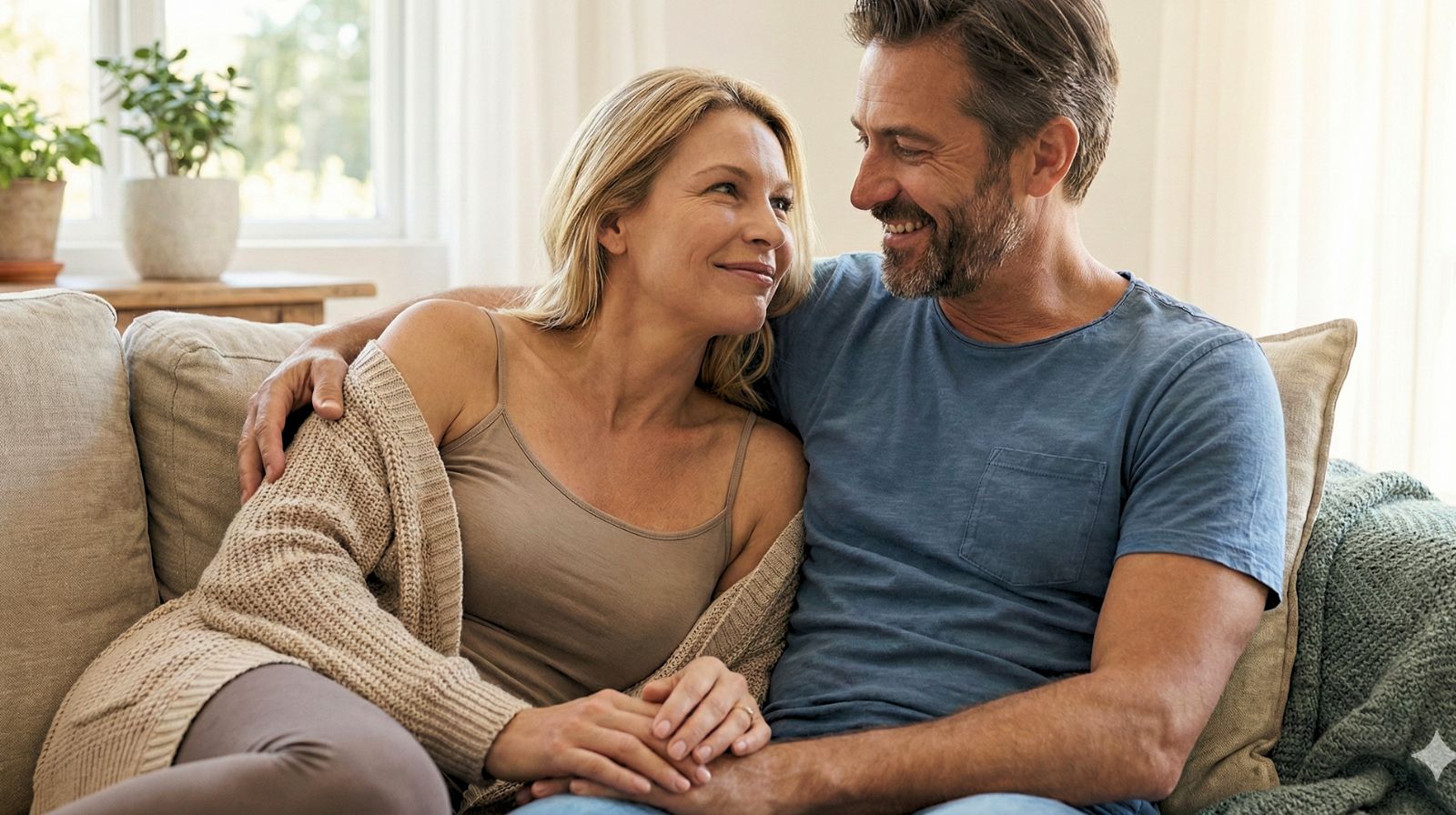 Нужна ли близость после 50: пара держится за руки дома, интимные отношения после 50 и близость без стыда