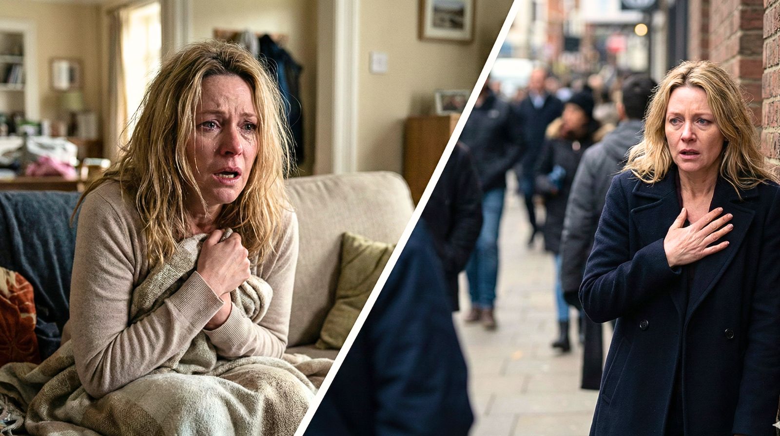 Женщина средних лет плачет на диване, прижав руку к груди в состоянии сильной тревоги или панической атаки. Обеспокоенный мужчина рядом протягивает ей стакан воды.