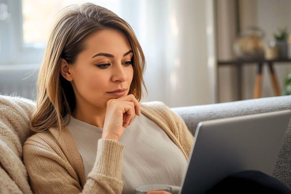 Женщина после 40 спокойно читает на ноутбуке о перименопаузе у женщин за границей, ищет понятную информацию на русском языке