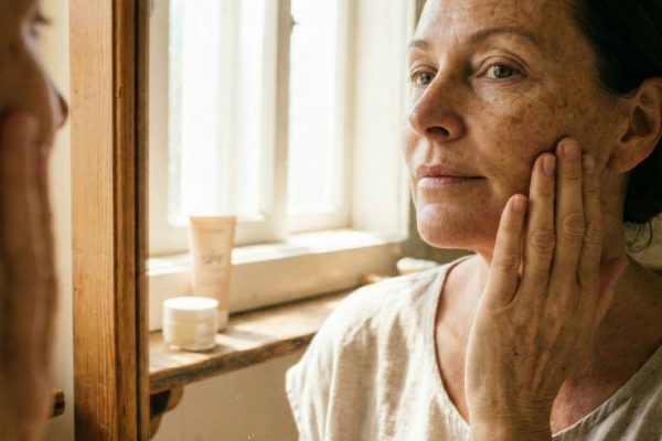 Пигментация после 40: женщина у зеркала и SPF — причины пятен и план ухода на 8 недель, что реально работает