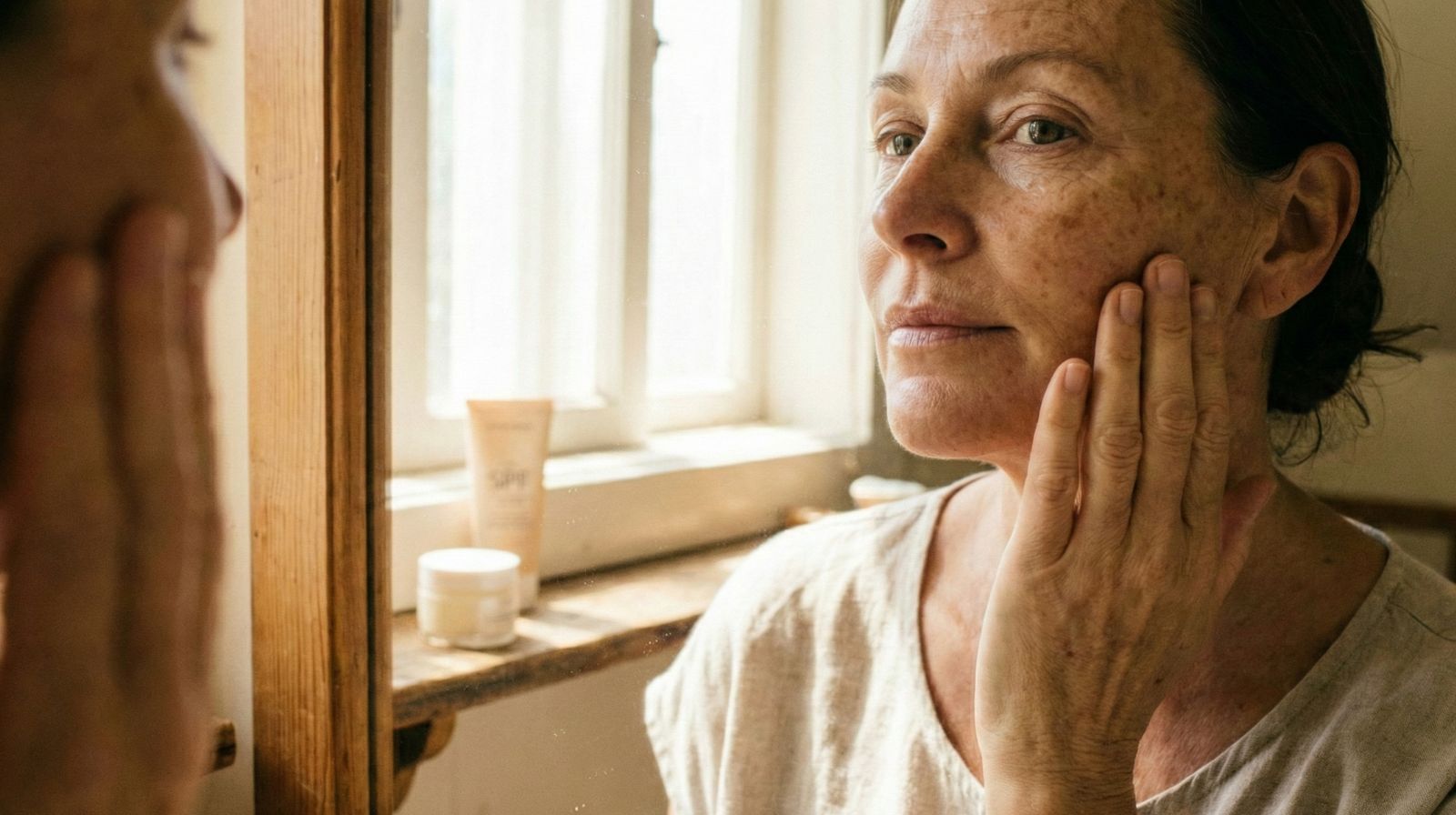 Пигментация после 40: женщина у зеркала и SPF — причины пятен и план ухода на 8 недель, что реально работает