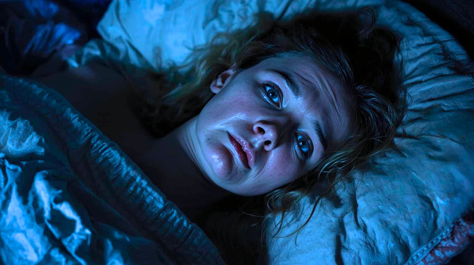 Уставшая женщина 40 лет лежит в постели ночью, страдая от бессонницы, лицо выражает грусть и изнеможение, подушка влажная.