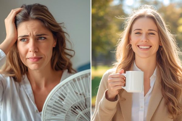 Коллаж с женщиной 40–45 лет до и после осознания первых признаков перименопаузы: слева усталость и прилив, справа спокойствие и принятие