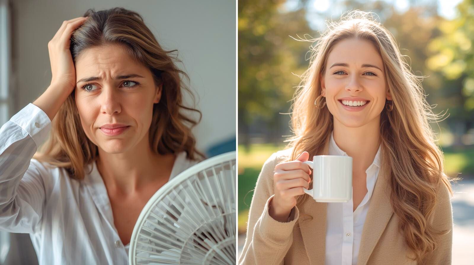 Коллаж с женщиной 40–45 лет до и после осознания первых признаков перименопаузы: слева усталость и прилив, справа спокойствие и принятие