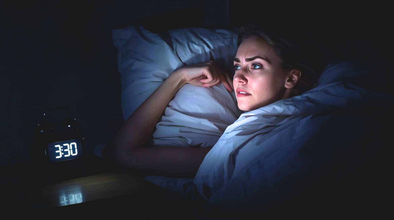 Молодая женщина лежит в постели в темноте и с грустным выражением лица смотрит на светящийся циферблат электронного будильника, показывающего 3:30 ночи.