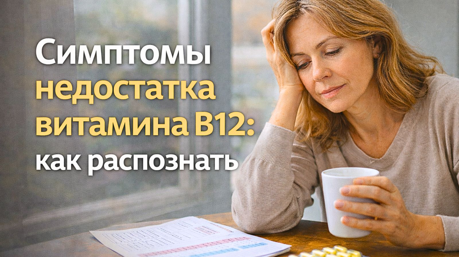 Женщина с усталостью утром — симптомы недостатка витамина B12 и признаки дефицита.