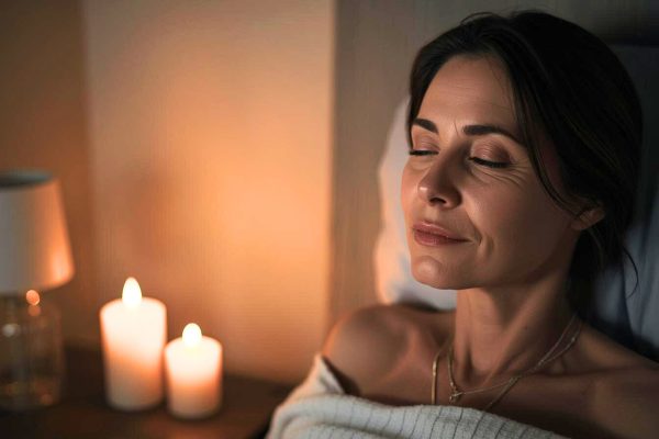 Женщина средних лет с закрытыми глазами медитирует в позе лотоса на полу в уютной гостиной ночью. Рядом на деревянной тумбе горят две большие свечи, на заднем плане мерцают теплые огоньки гирлянды на стеллаже и окне.