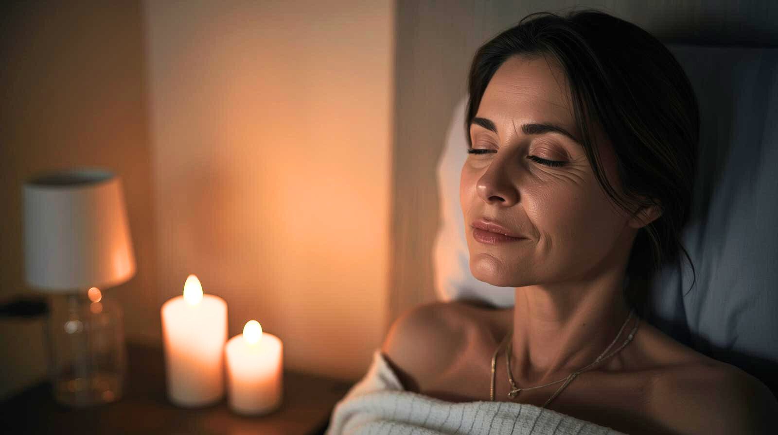 Женщина средних лет с закрытыми глазами медитирует в позе лотоса на полу в уютной гостиной ночью. Рядом на деревянной тумбе горят две большие свечи, на заднем плане мерцают теплые огоньки гирлянды на стеллаже и окне.