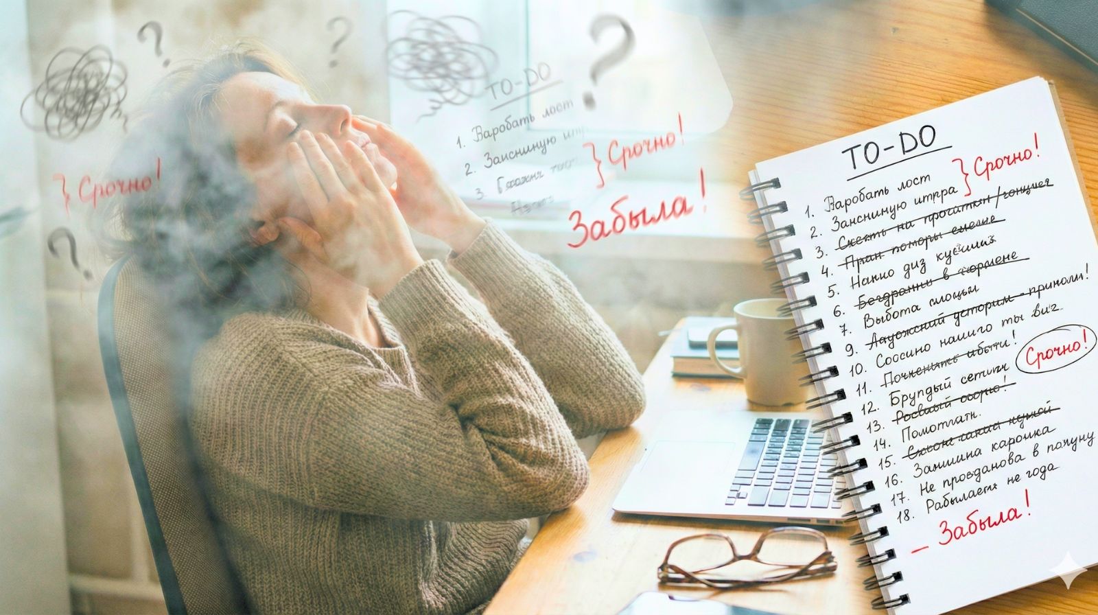 Туман в голове при менопаузе: женщина 45+ за ноутбуком пытается сосредоточиться и планирует шаги, чтобы вернуть ясность