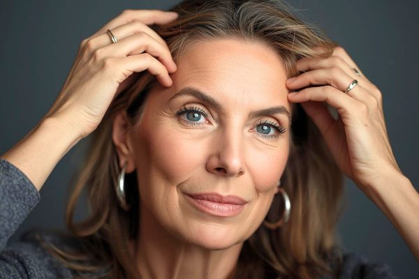 Выпадение волос после 40: женщина смотрит на пробор у зеркала — причины истончения и что проверить без паники