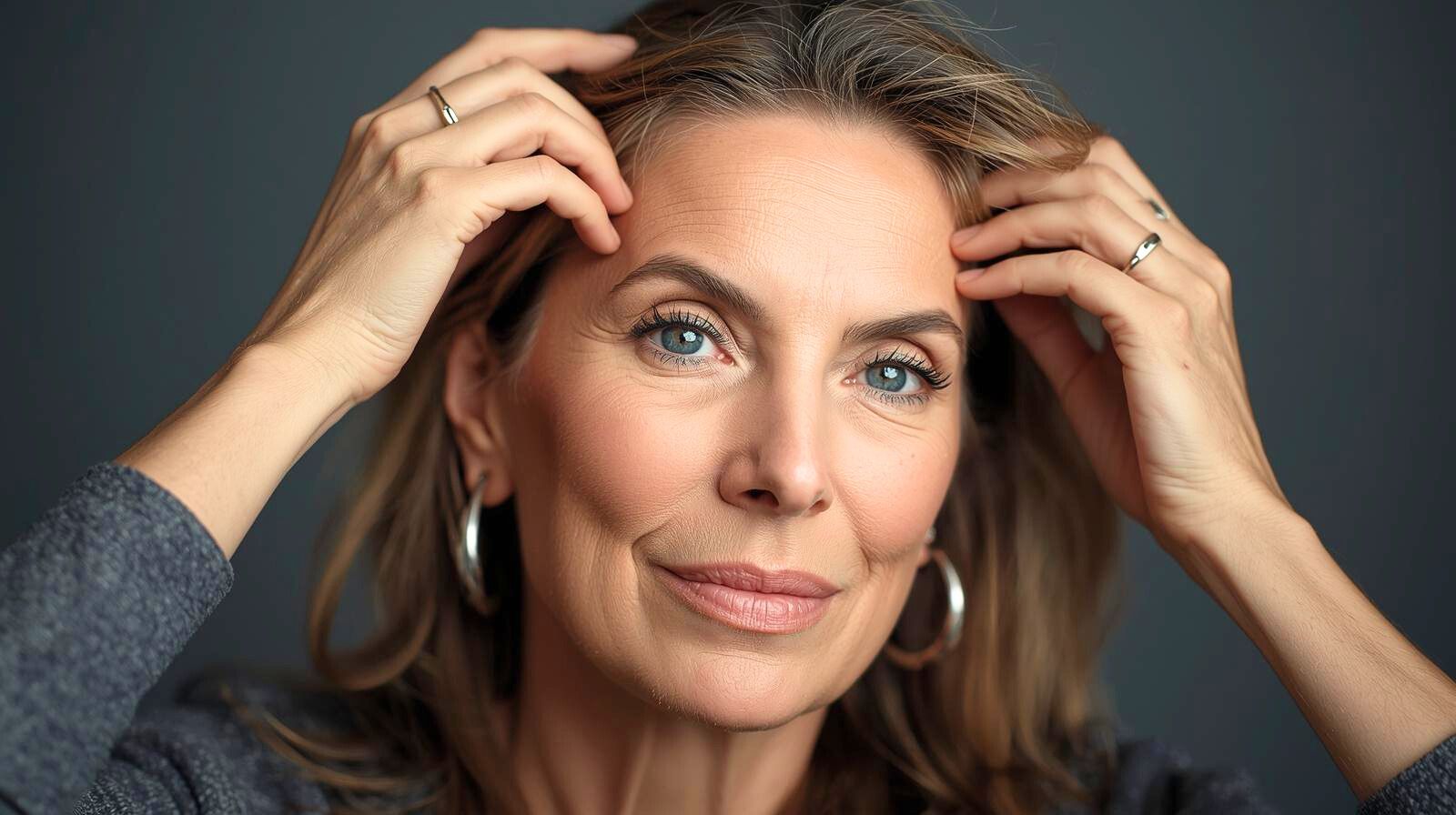 Выпадение волос после 40: женщина смотрит на пробор у зеркала — причины истончения и что проверить без паники