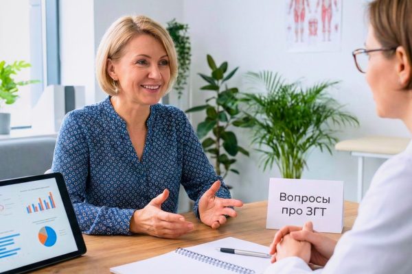 Гормональная терапия при менопаузе (ЗГТ): женщина обсуждает с врачом плюсы и риски и задаёт вопросы