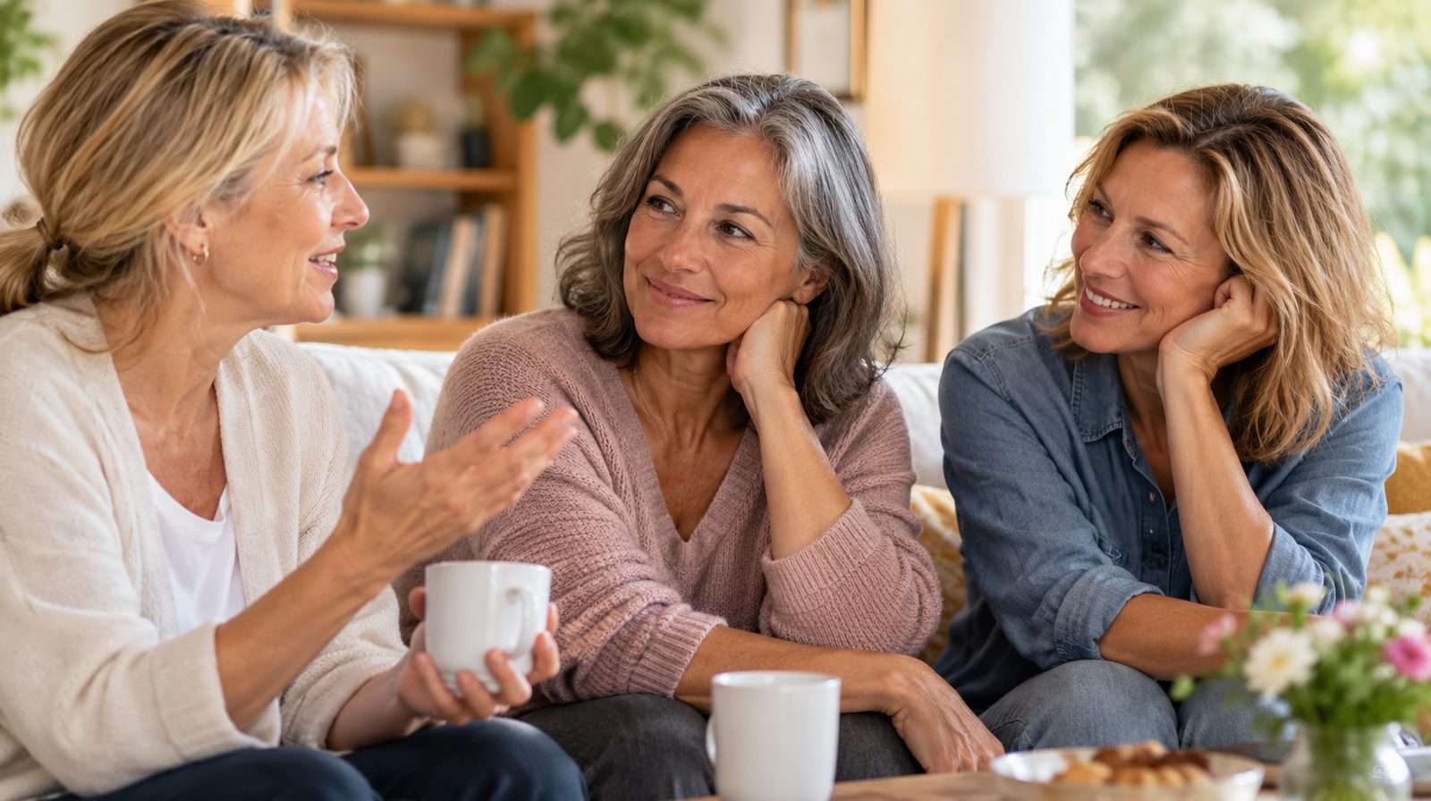 Взрослая женщина 50+ спокойно улыбается в естественном домашнем интерьере